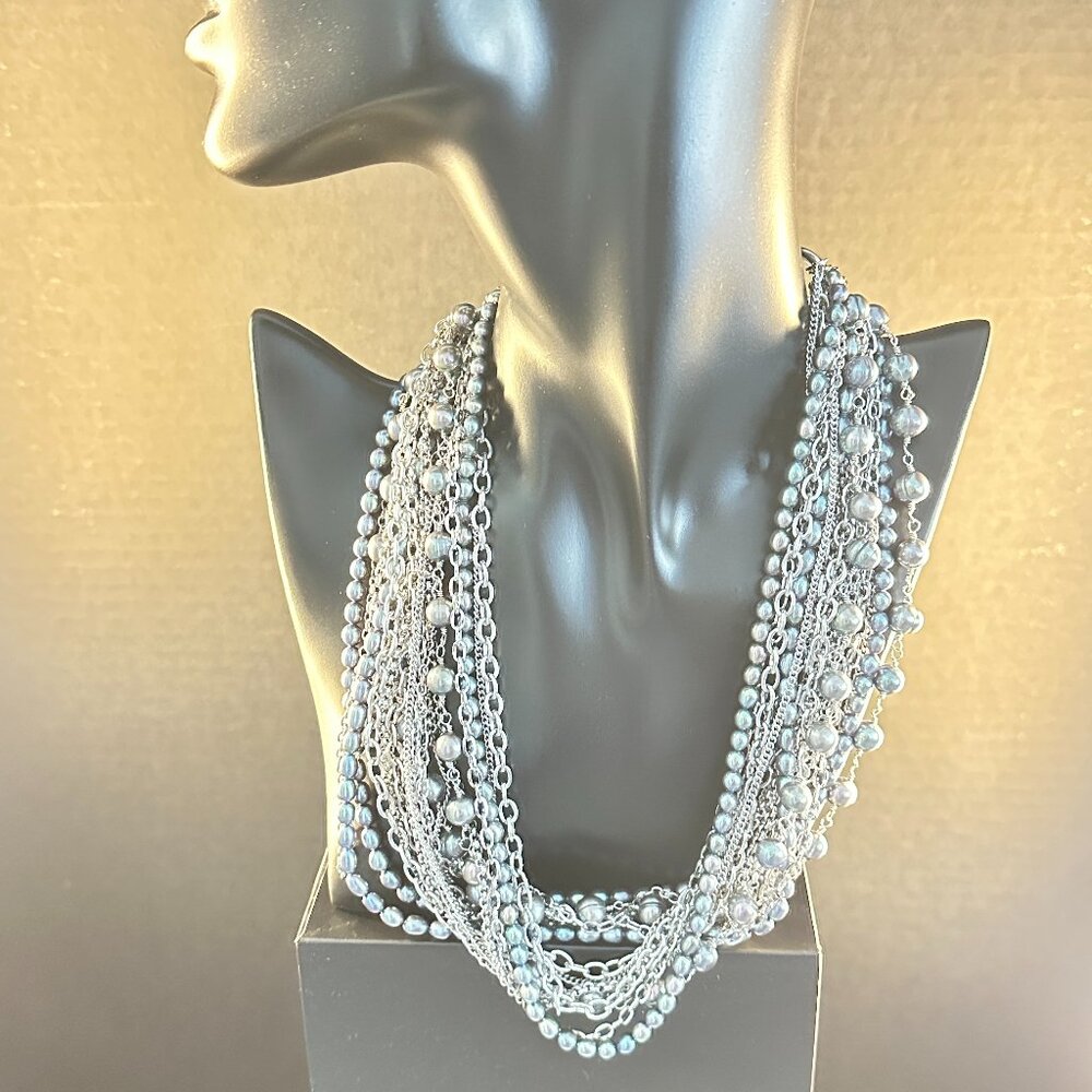 Layered Silver-Tone Pearl Chain Necklace – Stainless Steel – 18”